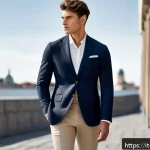 남성용 디자이너 브랜드 - A sophisticated modern male model wearing a tailored navy blazer with clean lines, paired with high-...