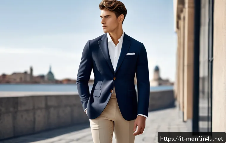 남성용 디자이너 브랜드 - A sophisticated modern male model wearing a tailored navy blazer with clean lines, paired with high-...