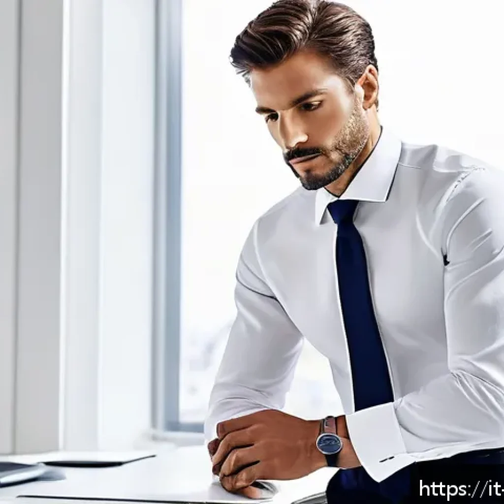 남성 정장 셔츠 핏 - A stylish Italian man standing confidently in a modern office environment wearing a slim fit white p...