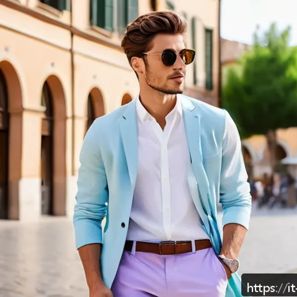 남성 봄 패션 트렌드 - A stylish young Italian man dressed in pastel spring fashion, featuring lavender trousers paired wit...