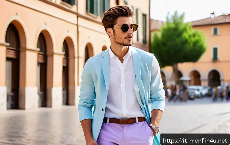 남성 봄 패션 트렌드 - A stylish young Italian man dressed in pastel spring fashion, featuring lavender trousers paired wit...