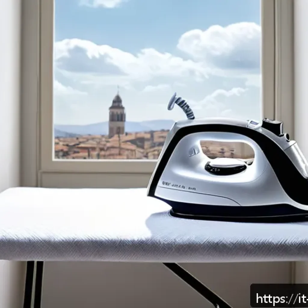 셔츠 다림질 팁 - A modern Italian laundry room scene featuring a high-power steam iron with ceramic soleplate activel...