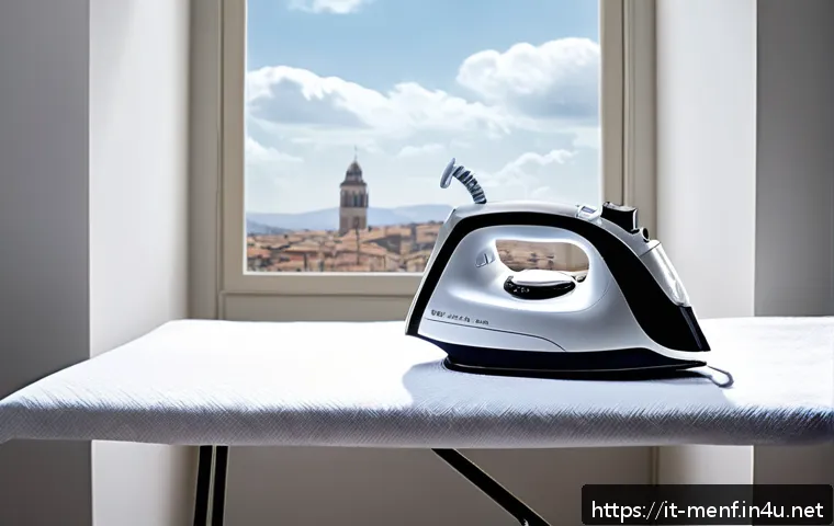 셔츠 다림질 팁 - A modern Italian laundry room scene featuring a high-power steam iron with ceramic soleplate activel...