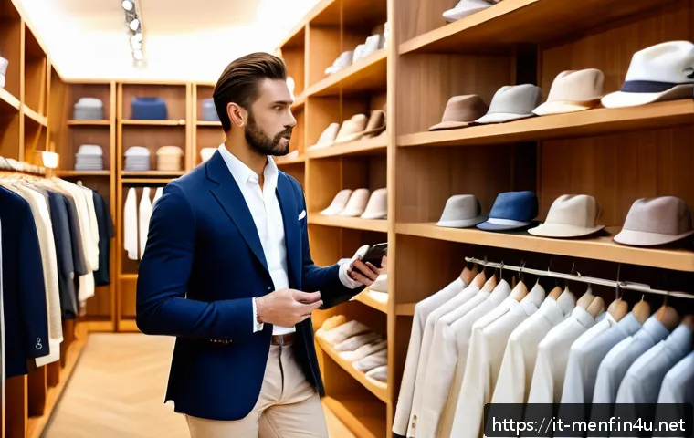 남성 의류 할인 정보 - A stylish Italian man shopping in a high-end boutique during seasonal sales, wearing a classic navy ...