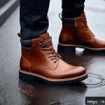 겨울 남성용 방수화 - A stylish pair of waterproof leather ankle boots designed for urban winter wear, featuring vegetable...