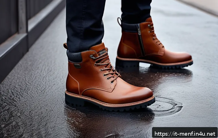 겨울 남성용 방수화 - A stylish pair of waterproof leather ankle boots designed for urban winter wear, featuring vegetable...