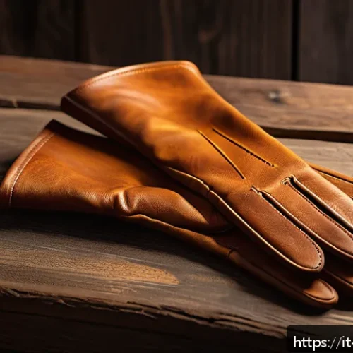 남성용 가죽 장갑 추천 - A close-up image of a pair of elegant goat leather gloves resting on a rustic wooden table, showcasi...