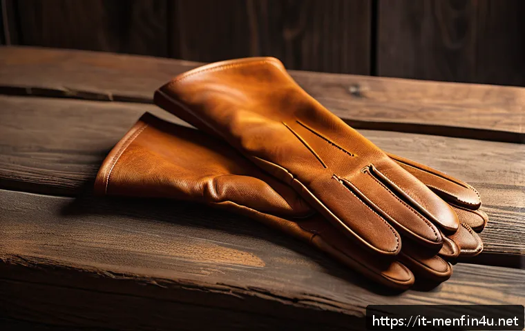 남성용 가죽 장갑 추천 - A close-up image of a pair of elegant goat leather gloves resting on a rustic wooden table, showcasi...