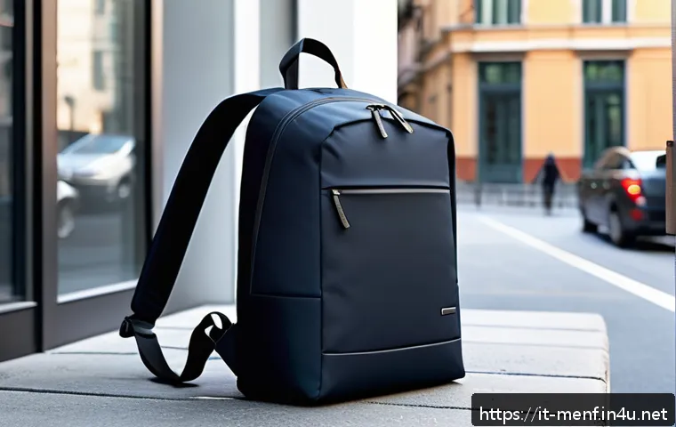 남성용 여행 가방 추천 - A sleek, minimalist men's urban backpack made from ballistic nylon, shown in a city setting with sof...