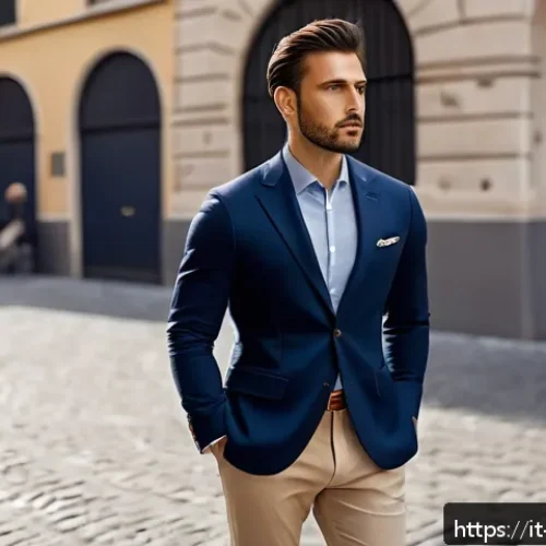 남성 체형별 패션 팁 - A stylish Italian man in his 30s standing confidently in a modern urban setting during early evening...