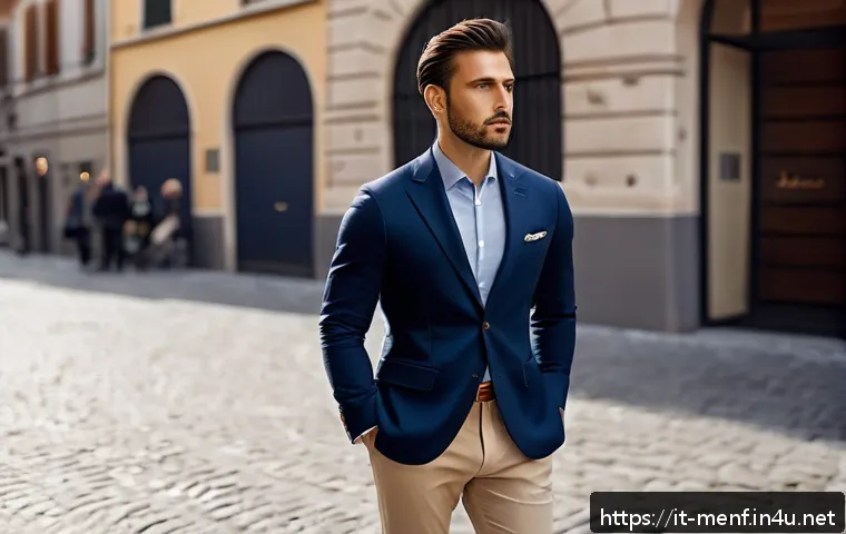 남성 체형별 패션 팁 - A stylish Italian man in his 30s standing confidently in a modern urban setting during early evening...