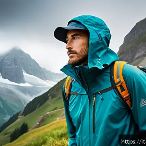 남성용 아웃도어 재킷 추천 - A detailed outdoor scene featuring a hiker wearing a high-performance Gore-Tex Pro jacket in a rugge...