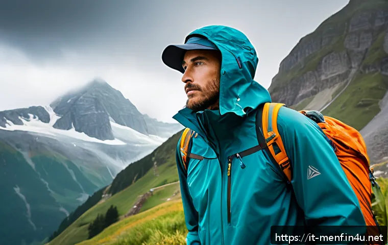 남성용 아웃도어 재킷 추천 - A detailed outdoor scene featuring a hiker wearing a high-performance Gore-Tex Pro jacket in a rugge...