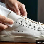 남성 스니커즈 관리 팁 - A close-up scene of hands gently cleaning a pair of white leather sneakers using a soft microfiber c...