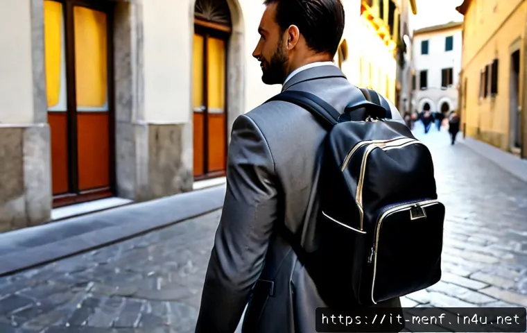 Home 17 남성 백팩 추천 - Photorealistic editorial product scene of a stylish Italian man in his early 30s wearing a sleek, un...
